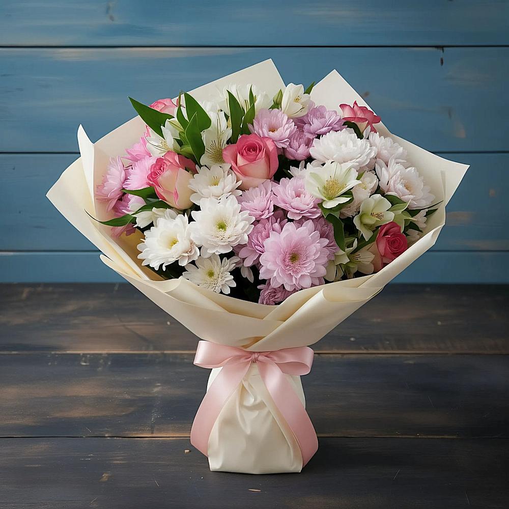 Букет цветов из: Хризантемы, Альстромерии и Розы в Рыльске